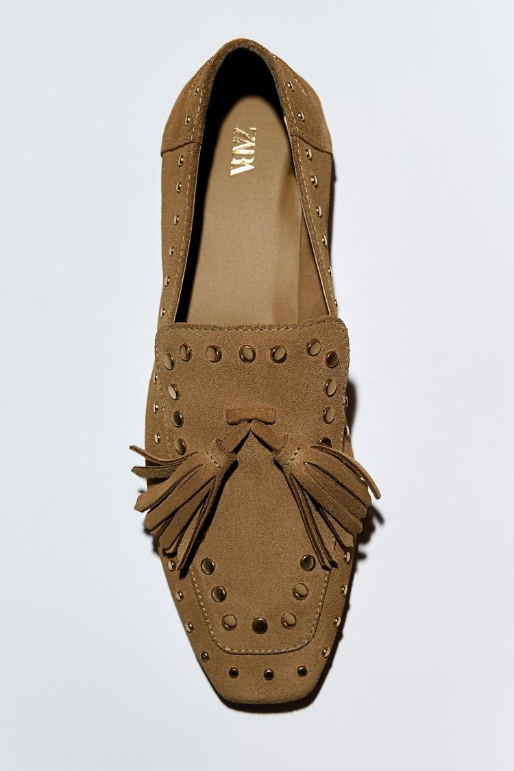 SPLIT SUEDE LOAFERS WITH STUDS Taupe Grey ZARA Turkey